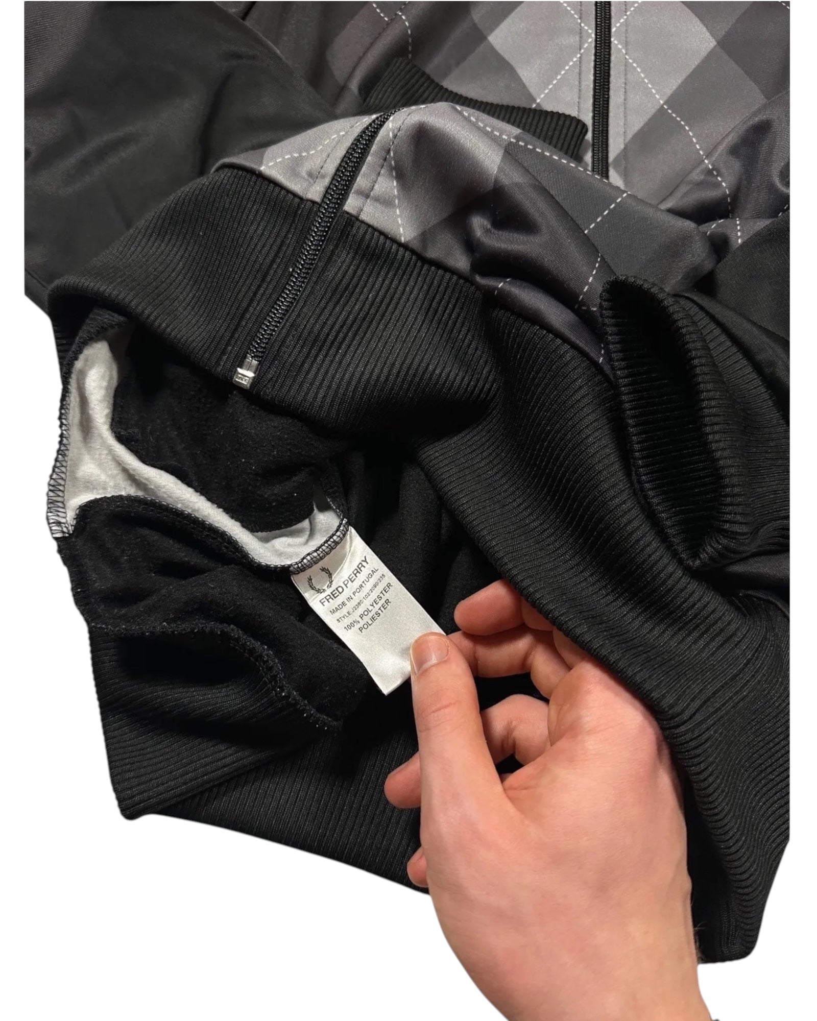Casual Circuit Fred Perry argyle track jacket in grey and black polyester with a zip and ribbed cuffs.