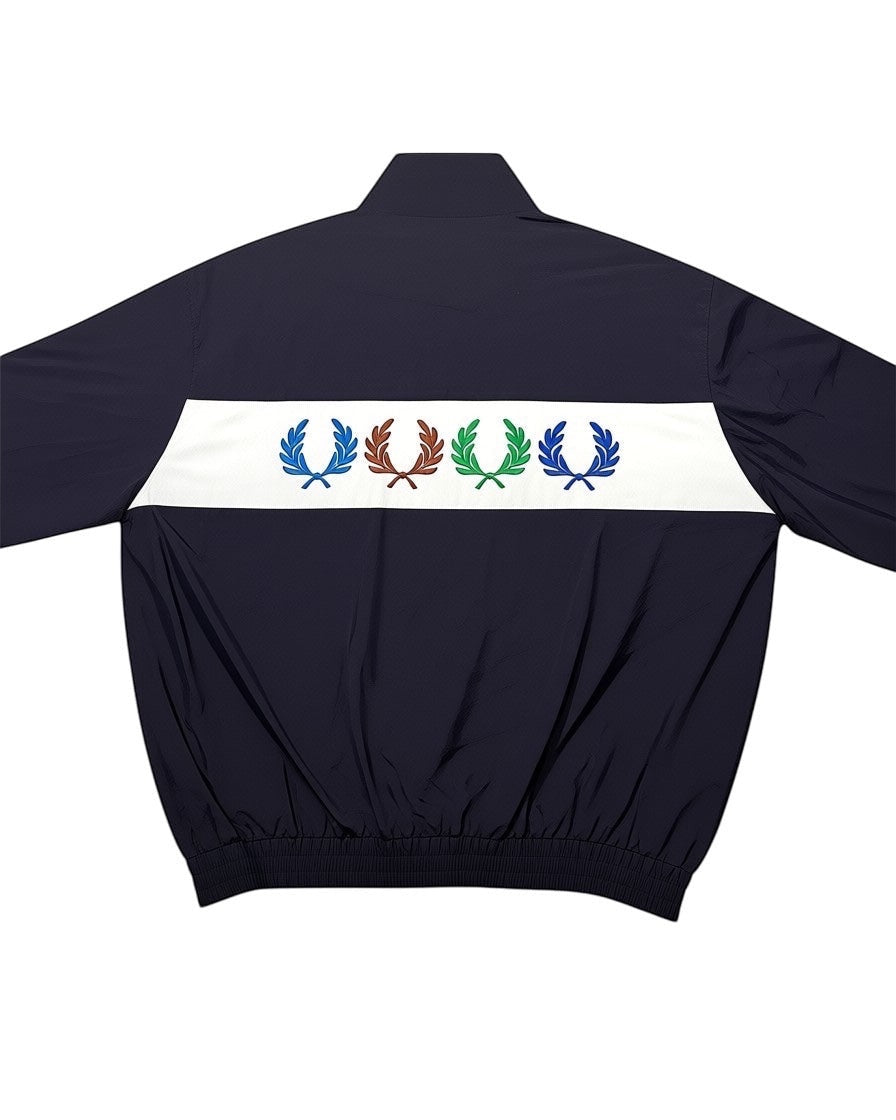 Casual Circuit. Dark windbreaker with a white stripe and colourful laurel wreaths. Casual jacket.