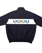 Casual Circuit. Dark windbreaker with a white stripe and colourful laurel wreaths. Casual jacket.