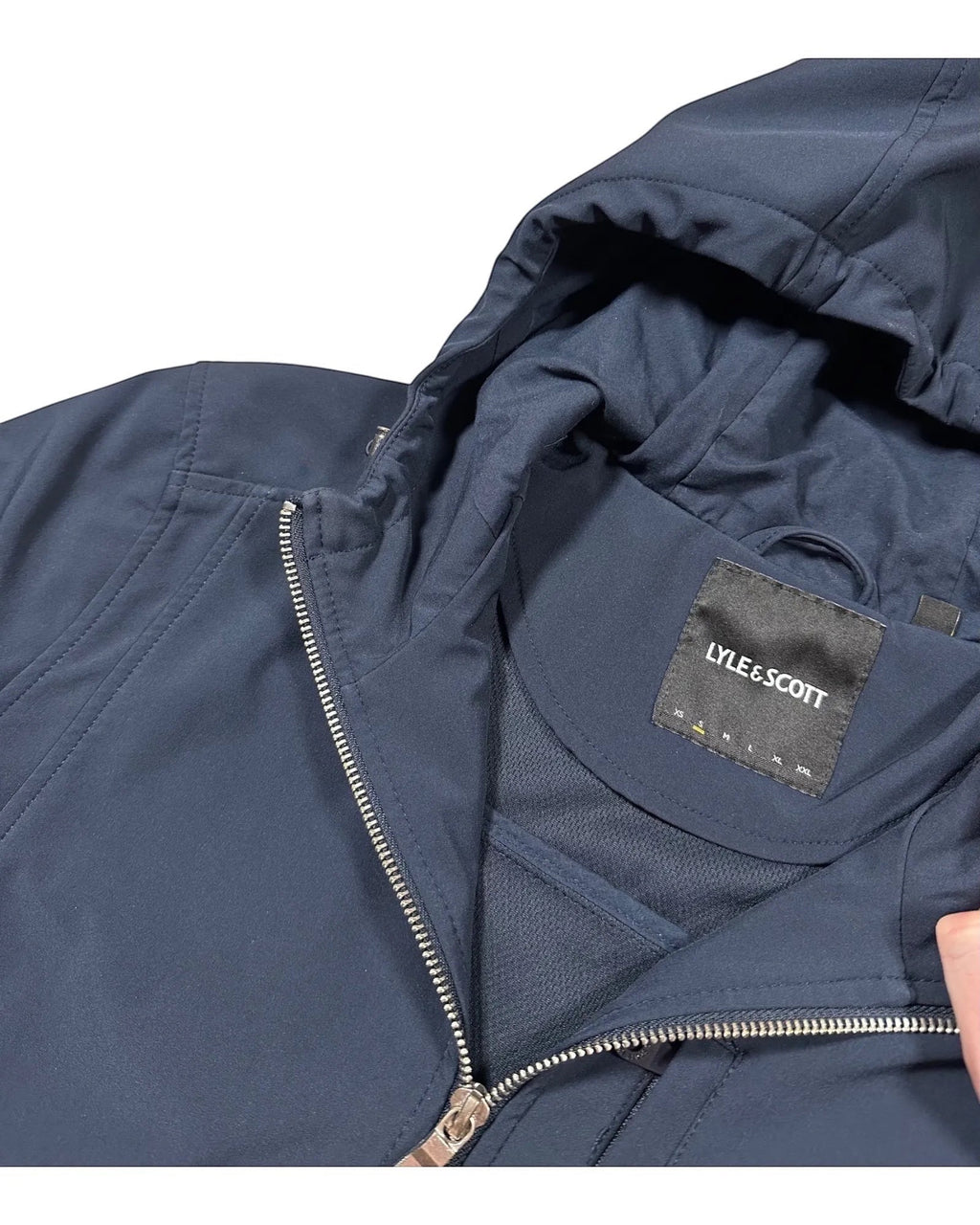 Navy Lyle & Scott hooded jacket with a full-length zip and logo detail. Lightweight, hard-wearing fabric.