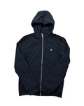 Casual Circuit. Navy Lyle & Scott hooded jacket with a full-length zip, chest logo and practical pockets.