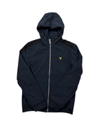 Casual Circuit. Navy Lyle & Scott hooded jacket with a full-length zip, chest logo and practical pockets.