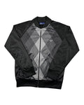 Casual Circuit. Fred Perry argyle track jacket in grey and black, 100% polyester, with a full-length zip and ribbed cuffs.